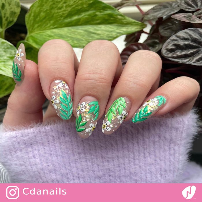 Flower and Leaf on Nude Nails